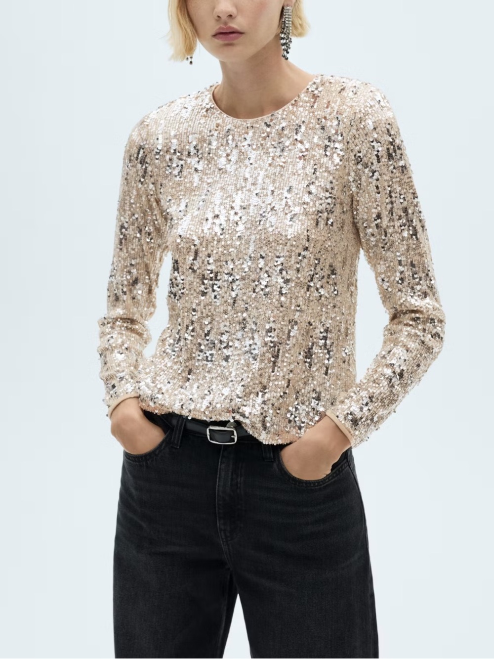 MANGO Long Sleeved T Shirt with Sequins | Size M | Silver | NWT